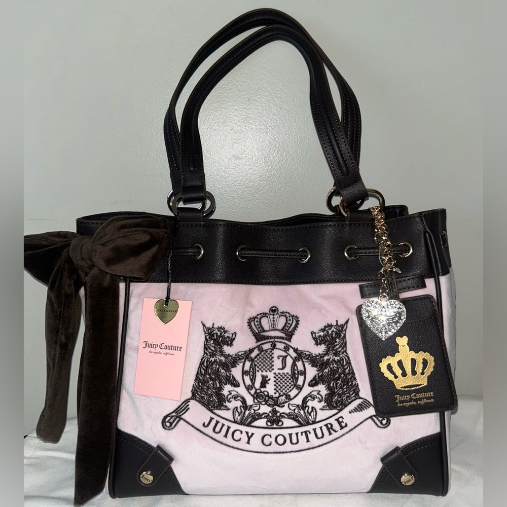 NEW! JUICY COUTURE Daydreamer Classic Scottie Dogs Velour Tote Chiffon Pink